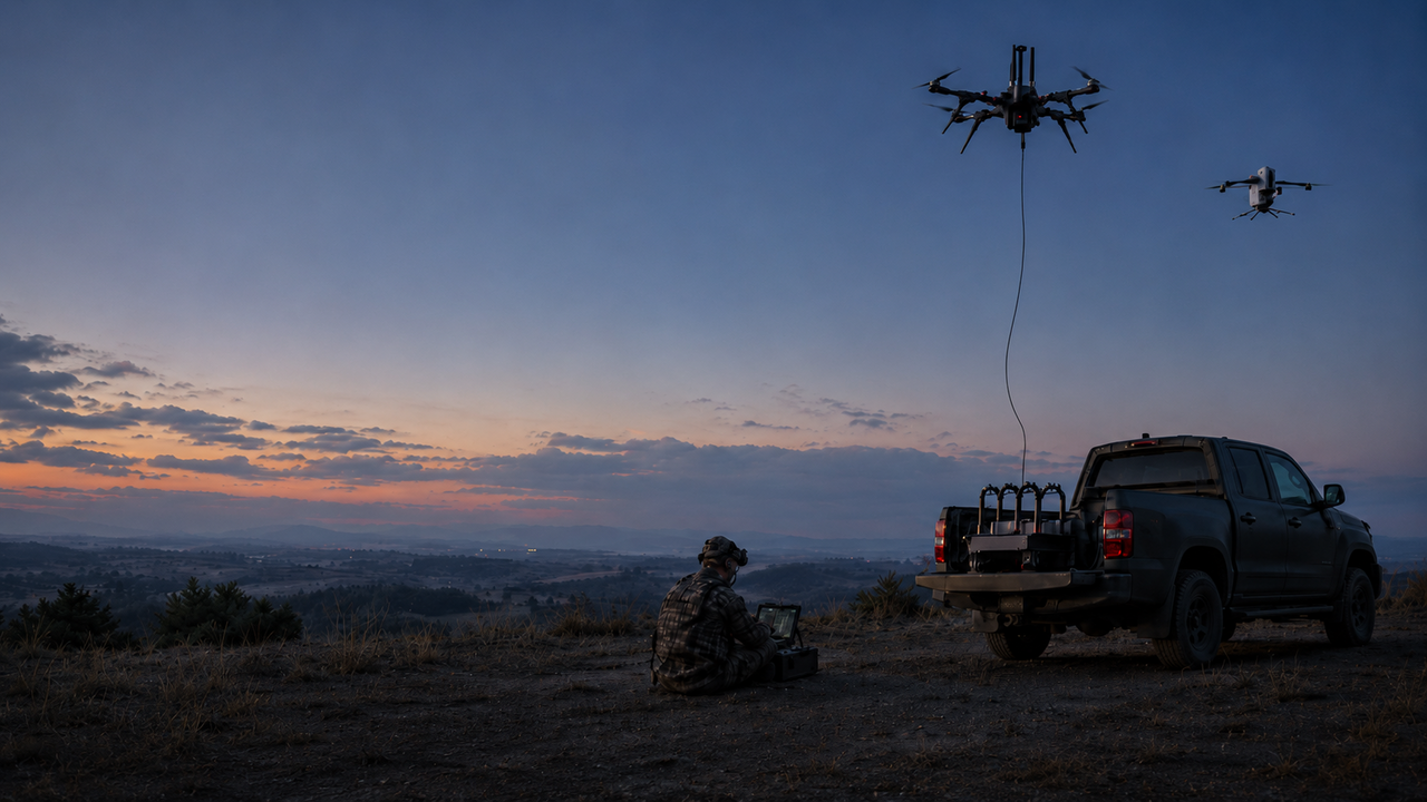 Vectorbirds UAV-Systeme mit VECTIS, AERIS Recon S7, TELEVATOR, Tether-Betrieb, Pickup-Trägerfahrzeug und Operator an der Ground Control Station
