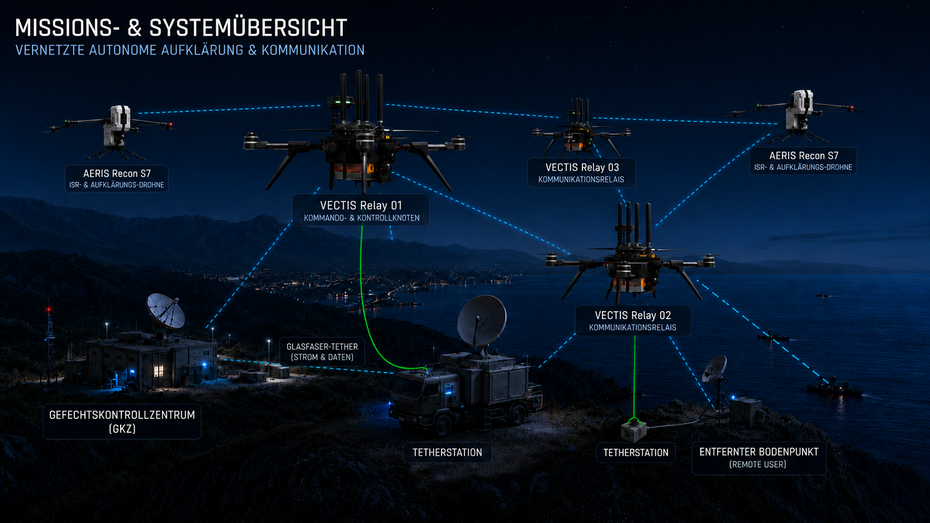 VECTIS X Fusion M2 als tethergestützte UAV-Systemplattform mit Tether Ground Station, Long-Range-Funkverbindung, Relay-Einheiten, Videodatenübertragung und Anbindung an ein übergeordnetes C2- oder Missionssystem.